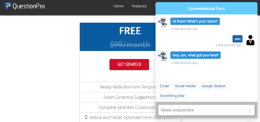 Screenshot of Conversational Forms on QuestionPro website Screenshot of Conversational Forms on QuestionPro website