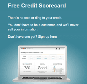 Screenshot of Discover's Free Credit Scorecard Page