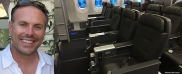 A photo collage of Johnny and a picture of a business class flight he shared on his website A photo collage of Johnny and a picture of a business class flight he shared on his website