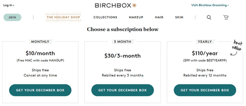 Screenshot of BirchBox Subscription Options