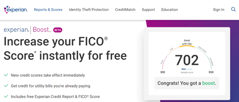 Screenshot of Experian Boost Website