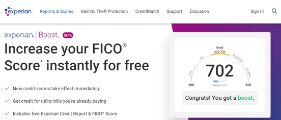 Screenshot of Experian Boost Website Screenshot of Experian Boost Website
