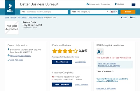 Screenshot of Sky Blue Credit Repair BBB Page