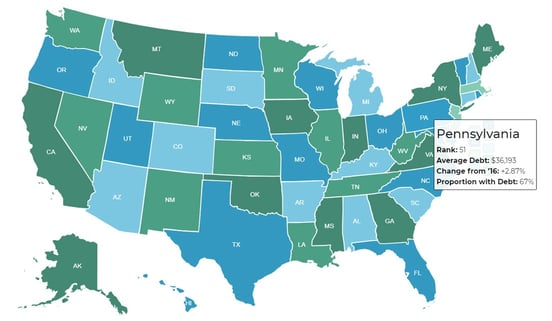 Screenshot of LendEDU map of U.S. debt
