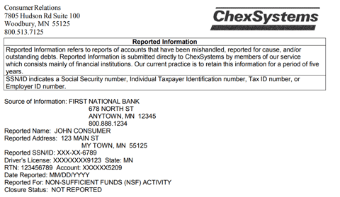 Screenshot of Sample ChexSystems Report