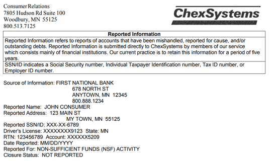 Screenshot of Sample ChexSystems Report Screenshot of Sample ChexSystems Report