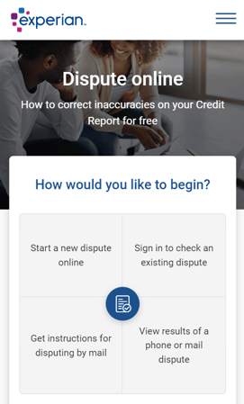 Screenshot of Experian Online Dispute