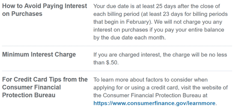 Example of Credit Card Grace Period Rates & Fees Documentation