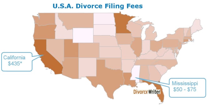 Map of the Average Divorce Filing Fees in America
