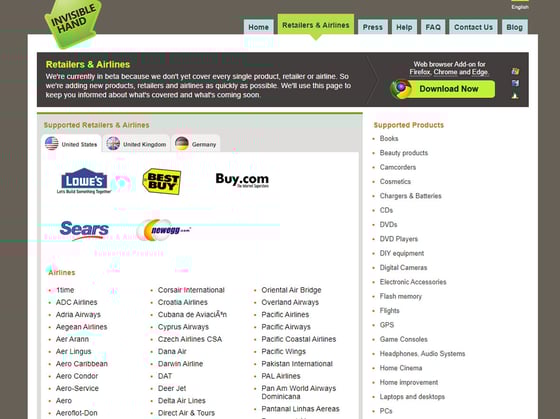 InvisibleHand Screenshot of Retailers & Airlines InvisibleHand Screenshot of Retailers & Airlines