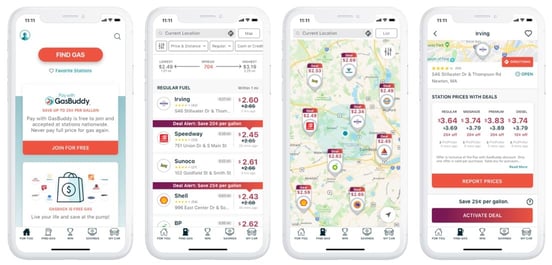 Screenshots of the GasBuddy app