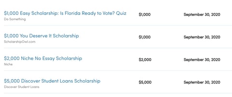 Screenshot of Fastweb scholarship opportunities