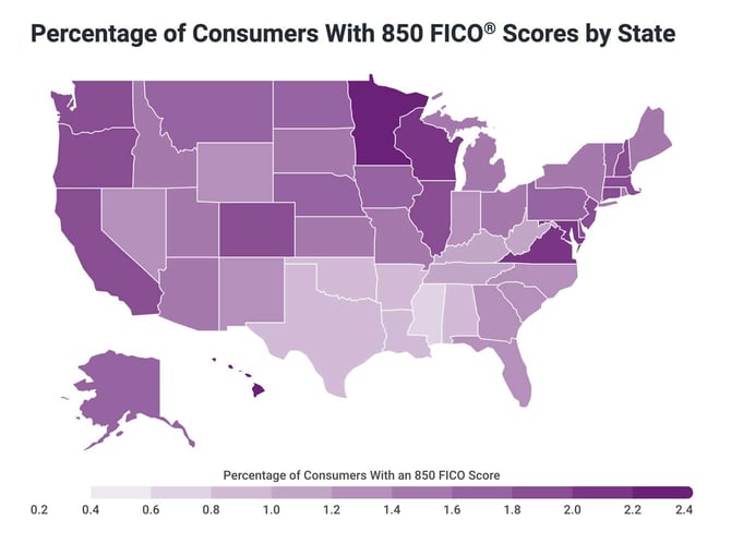 A map that shows which states have the highest percentages of consumers with 850 credit scores