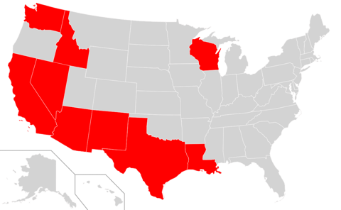 Map highlighting which states have community property laws.