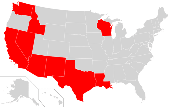 Map highlighting which states have community property laws. Map highlighting which states have community property laws.