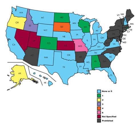 Map showing the number of times a borrower can roll a payday loan over in each state.