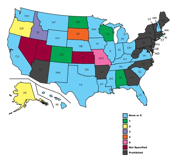 Map showing the number of times a borrower can roll a payday loan over in each state. Map showing the number of times a borrower can roll a payday loan over in each state.