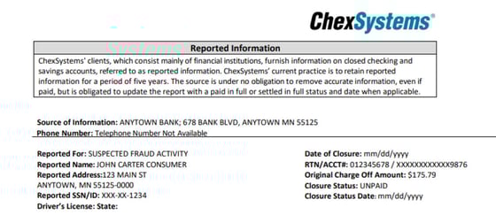 Sample ChexSystems report. Sample ChexSystems report.