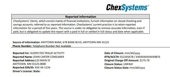 Sample of a ChexSystems report. Sample of a ChexSystems report.