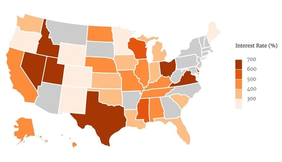 Map of average payday loan interest rates in each state. Map of average payday loan interest rates in each state.
