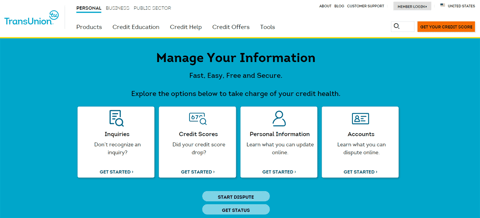 Screenshot of the online disputes page for TransUnion.