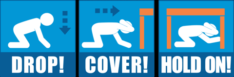 Diagram showing to drop, find cover, and hold on when an earthquake is coming