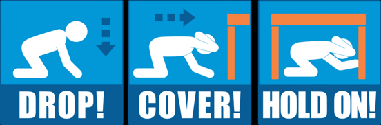 Diagram showing to drop, find cover, and hold on when an earthquake is coming Diagram showing to drop, find cover, and hold on when an earthquake is coming