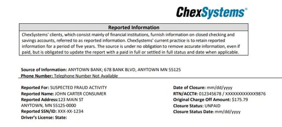 Sample ChexSystems Report Sample ChexSystems Report