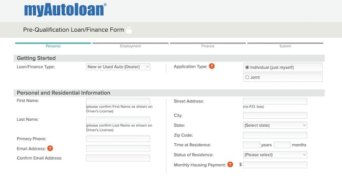 The first page of an auto loan prequalification form from myAutoloan The first page of an auto loan prequalification form from myAutoloan