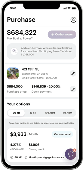 Image of ODHB app with max buying power and loan options