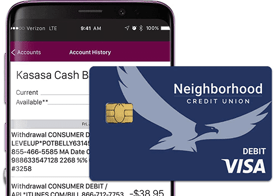 Image of Neighborhood Credit Union app and debit card