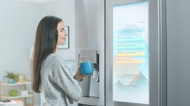 Woman Stands Next to a Smart Fridge Woman Stands Next to a Smart Fridge
