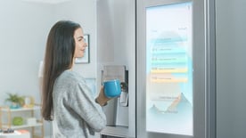 Woman Stands Next to a Smart Fridge