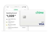 Image of the Chime App on a mobile device and the Visa Debit Card Image of the Chime App on a mobile device and the Visa Debit Card