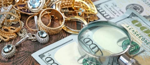 Image of Cash, Magnifying Glass, Jewelry, Pawn Loan Concept