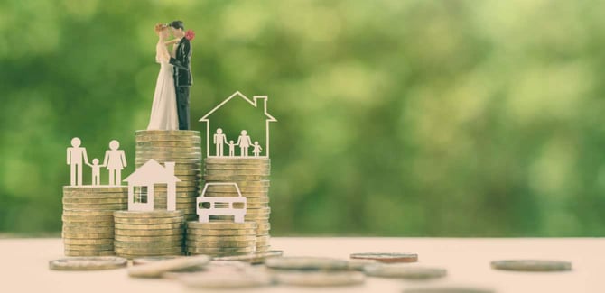 Marriage costs, couple standing on coins