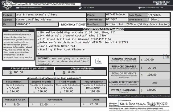 Example pawn loan ticket