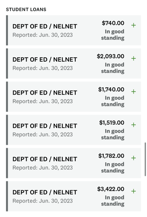 Screenshot of student loans on Credit Karma app