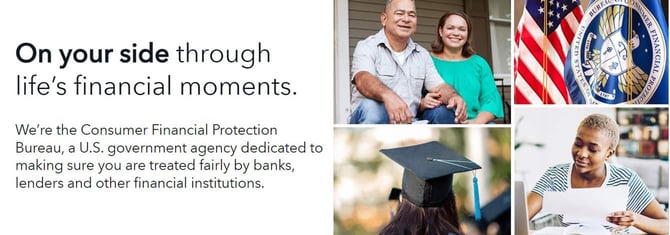 Consumer Financial Protection Bureau ad featuring 4 people alongside the U.S. and CFPB flags Consumer Financial Protection Bureau ad featuring 4 people alongside the U.S. and CFPB flags