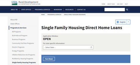 Screenshot of the USDA Single Family Housing Direct Home Loans webpage