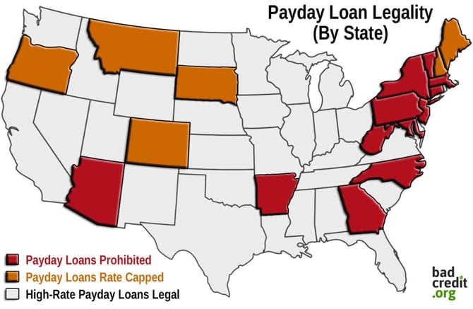 Map showing payday loan legality in each US state Map showing payday loan legality in each US state