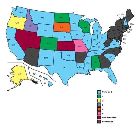 Map of payday loan rollovers allowed in each state