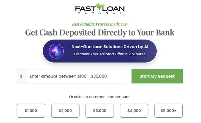 Homepage of the Fast Loan Advance website