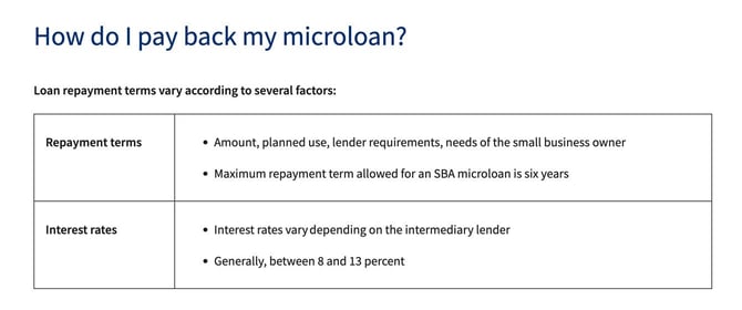 Screenshot of microloan language from the SBA Screenshot of microloan language from the SBA