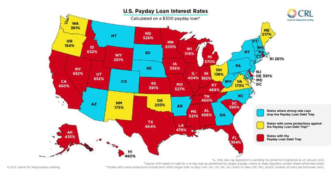 US Payday loan interest rates map