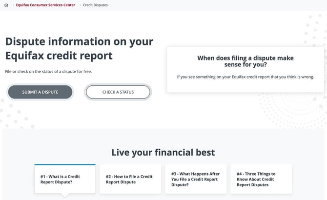 Screenshot of Equifax dispute page Screenshot of Equifax dispute page