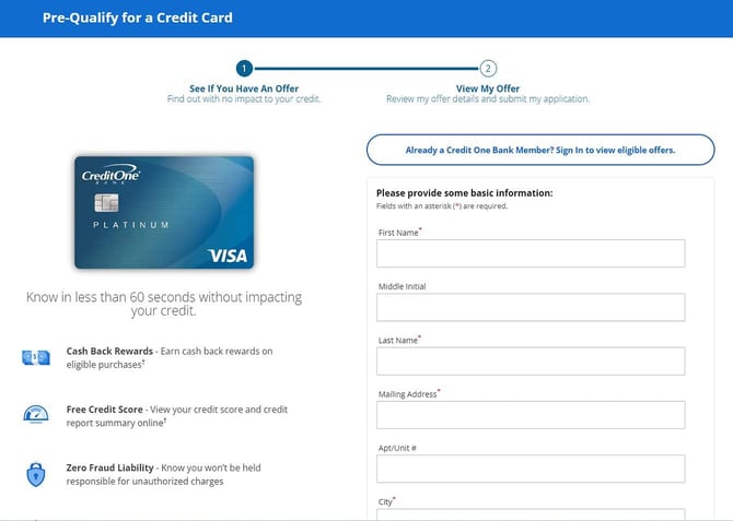 Credit One prequalification screen
