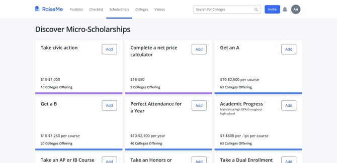 RaiseMe scholarship page