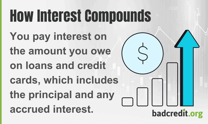 You pay interest on the amount you owe on loans and credit cards, which includes the principal and any accrued interest
