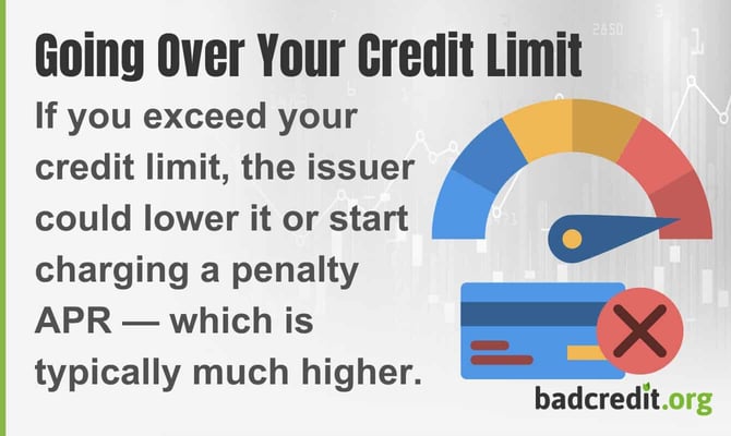 If you exceed your credit limit the issuer could lower it or start charging a penalty APR, which is typically much higher.
